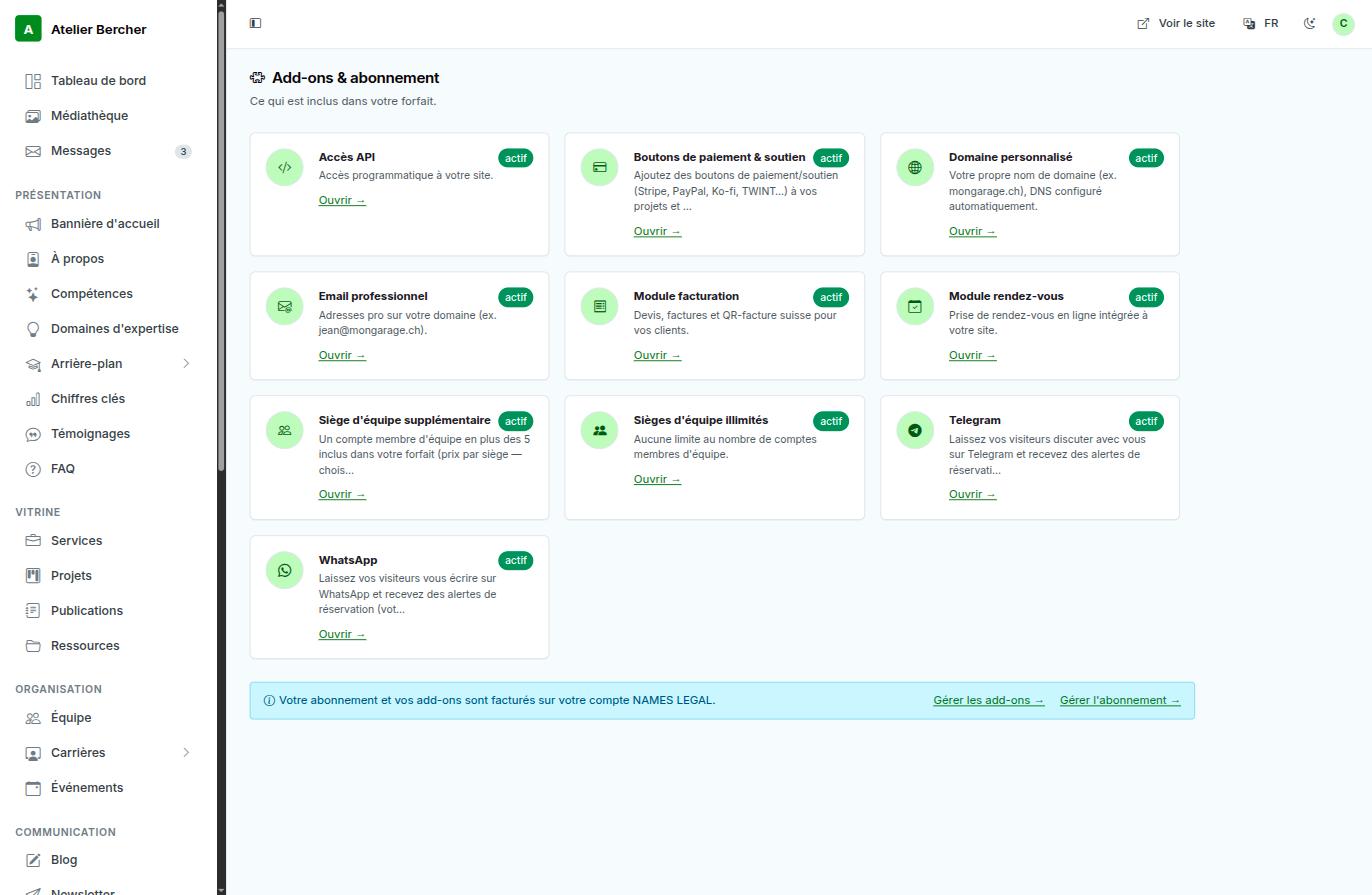 The add-ons screen: one card per add-on with an active badge and a link that opens the module.
